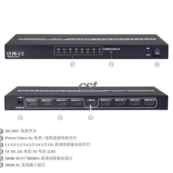 Высокое качество 8-портовый HDMI Splitter 3D 1 x 8 переключатель в коммутатор для аудио HDTV