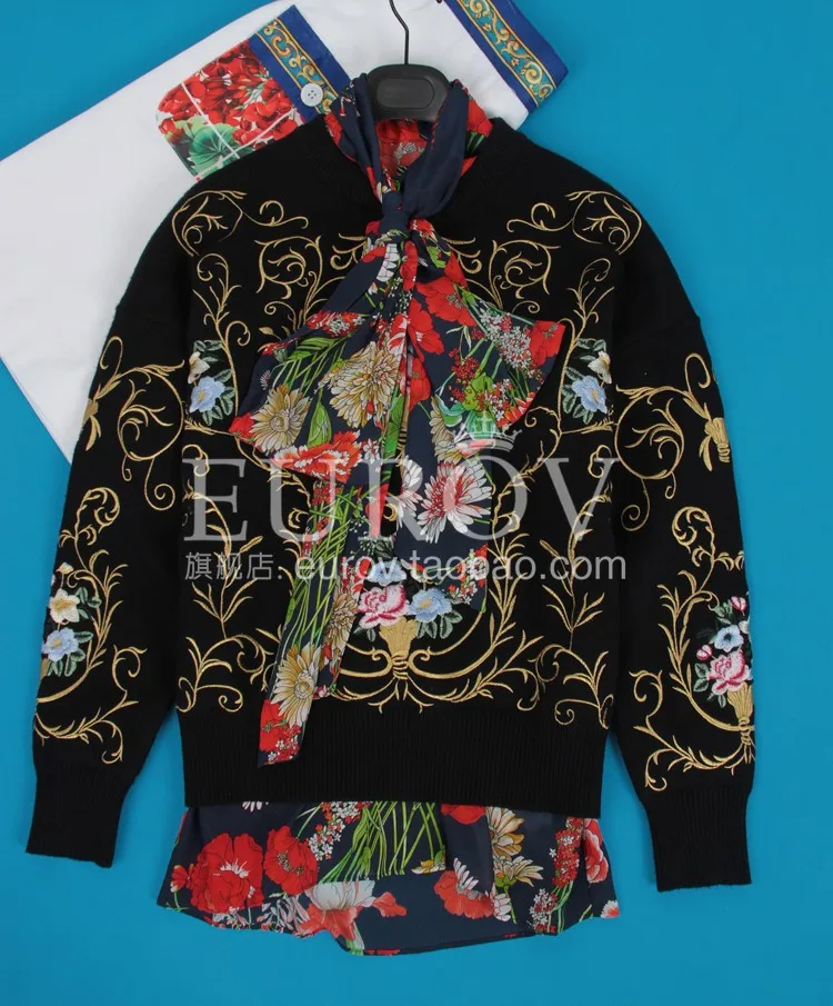 

Women Sweater 2018 Fashion Designer Women's Autumn Flower Embroidery All Match Long Sleeve Black Knitting Pullovers Top Basic