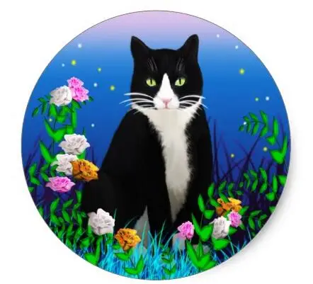 

1.5inch Tuxedo Cat with Flowers Stickers 1