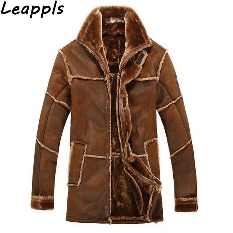 Leappls искусственного меха кожаная куртка мужская мода шерсти лайнера куртка-пилот