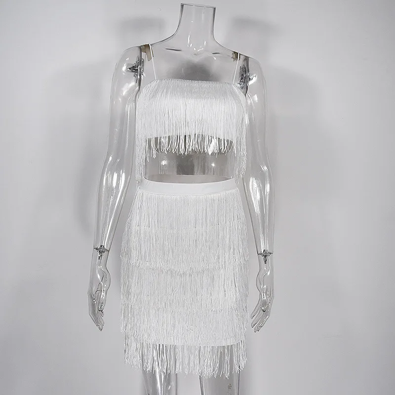 Women sexy club tassel short crop top women tops skirt summer 2 piece set for female two pieces skirts white | Женская одежда