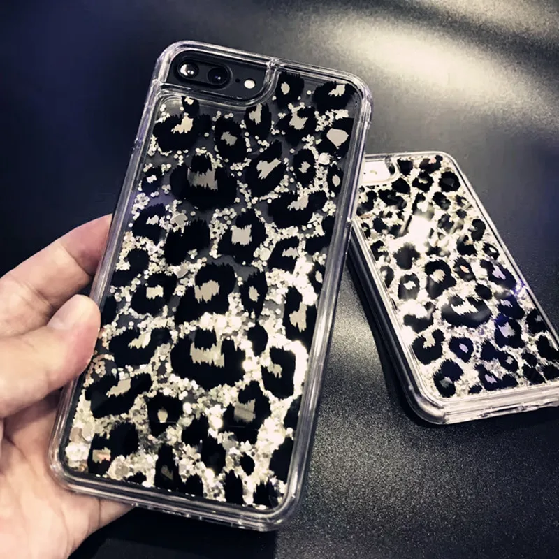 Fashion Glitter Lovely Leopard Pattern Phone Case for iPhone X XS 7 8 6 6S Plus 10 Sparkling Liquid Quicksand Hard PC Back Cover |