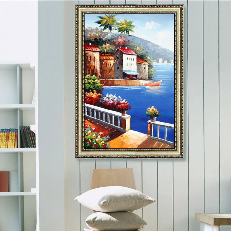 Hand painted oil painting on canvas romantic Mediterranean style seaside town Scenery | Дом и сад