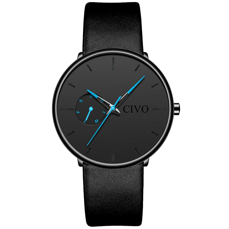 leather black CIVO модные мужские часы кварцевые часы мужские водонепроницаемые минималистичные ультра тонкие наручные часы из нержавеющей стали с сеткой для мужчин подарок часы - Цвет: leather black