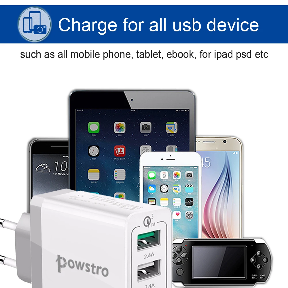 Powstro быстрое зарядное устройство 3,0 USB зарядка для телефона 3 usb порта настенное зарядное устройство 30 Вт Настенный адаптер для iPhone 7 8 для samsung S8 для Xiaomi