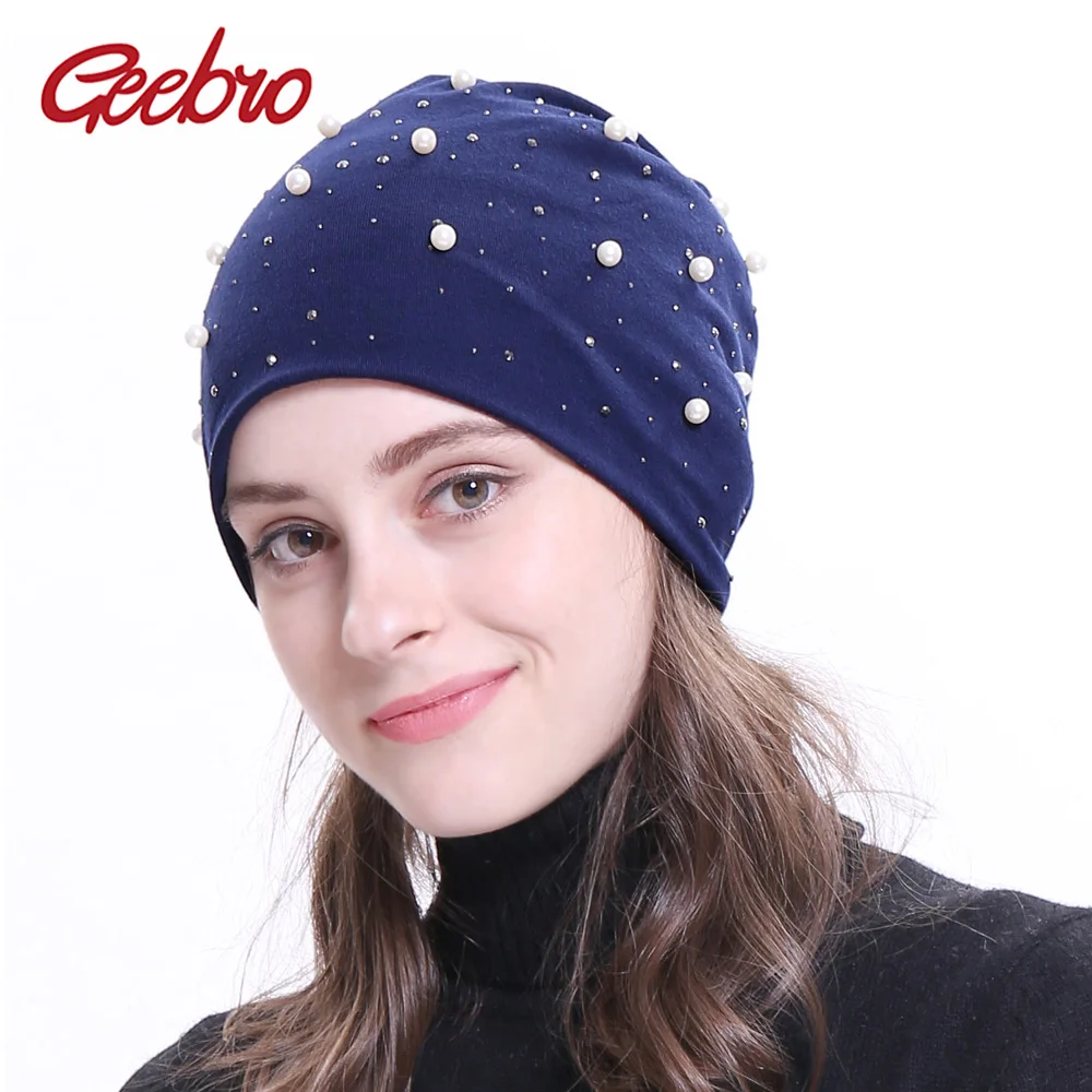 

Geebro 2020 New Women's Beanie Hat Autumn White Pearl Rhinestones Slouchy Beanie for Female Polyester Skullies Beanies GC307M