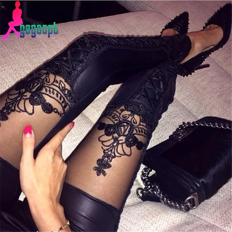 Женские кружевные леггинсы черные готические из искусственной кожи в стиле панк