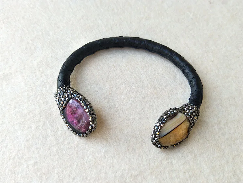 5pcs Natural Leather Druzy Pearl Stone Snake Bangle with Crystal Rhinestone Paved Jewelry Bracelet BG18 | Украшения и аксессуары