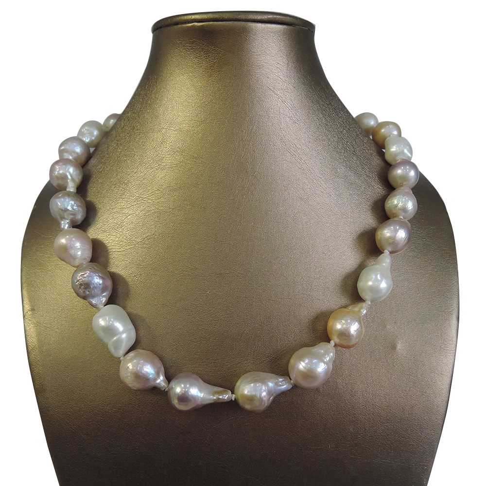 100% NATURE FRESHWATER Baroque PEARL NECKLACE-12-15 MM big nature mixed color pearl ,pearl length 18-25 mm size-49-120 CM  long