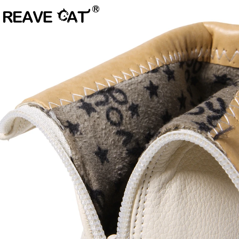 REAVE CAT/женские сапоги до середины икры женские сапоги на высоком каблуке осенне-зимние однотонные сапоги из искусственной кожи на молнии, большие размеры 32-46, теплые черные, бежевые, белые, A006