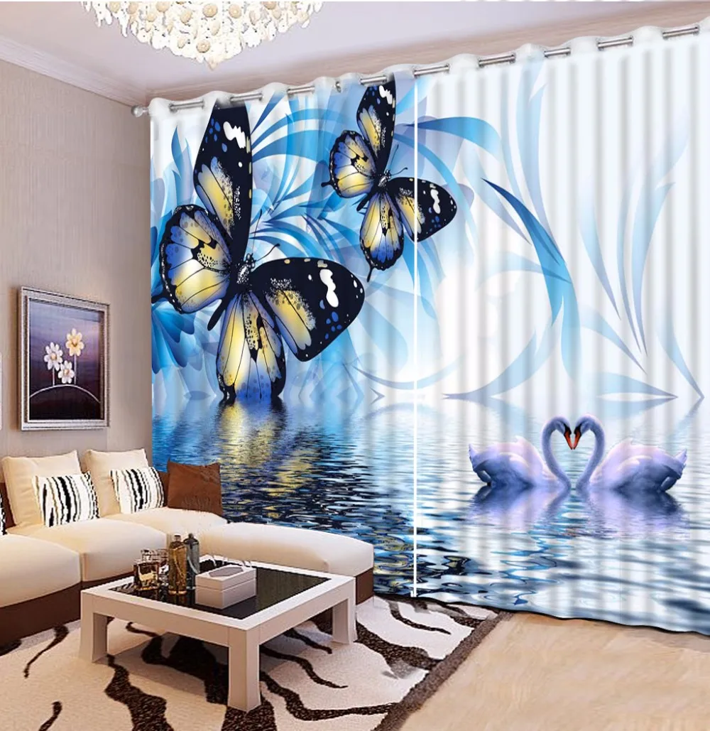 Custom 3D Curtain Bed Room Living Office Hotel Blue Butterfly Cortinas For Bathroom Fabric | Дом и сад