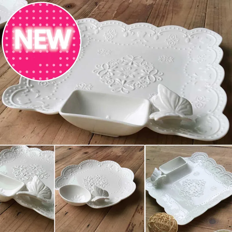 Ручная работа тиснение бабочка белая керамическая тарелка для пельменей с