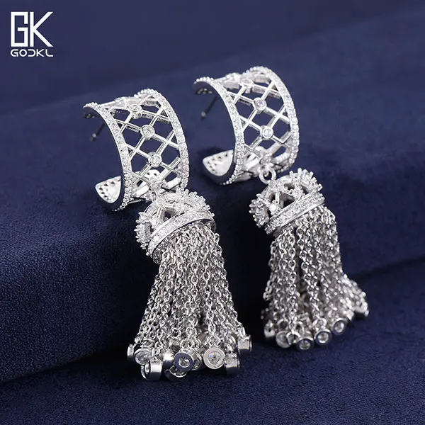 1 pair white earring GODKI, роскошные серьги-капли с кисточкой, наборы колец, кубический циркон, Кристалл CZ, ювелирные наборы для женщин, Свадебный индийский свадебный комплект ювелирных изделий - Окраска металла: 1 pair white earring