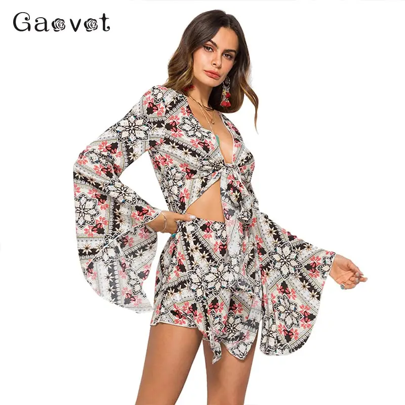 Gaovot Boho Print пляжные Летние Комбинезоны женские длинные расклешенные рукава мини