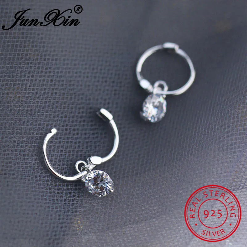 JUNXIN 925 пробы серебряные серьги-кольца для женщин маленькие серьги с пряжкой один циркон белый камень свадебные серьги женские ювелирные изделия CZ