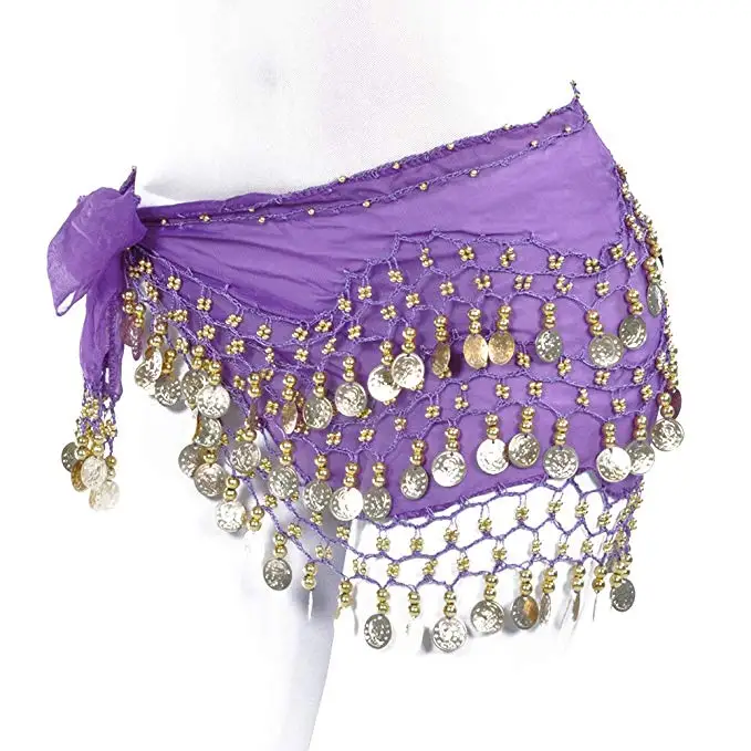 Purple Шифоновая цепочка для живота с золотыми монетами, расширяющийся пояс, танцевальный костюм для выступлений, хип-юбка, шарф, пояс - Цвет: Purple