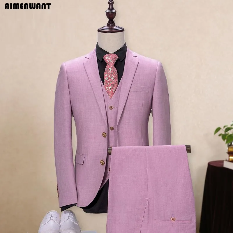 

AIMENWANT 2017 Fashion Pink Purple Single Breasted Suit For Men Size Custom Made Personal Size Fitted Jacket+Pants+Vest 3pcs Set