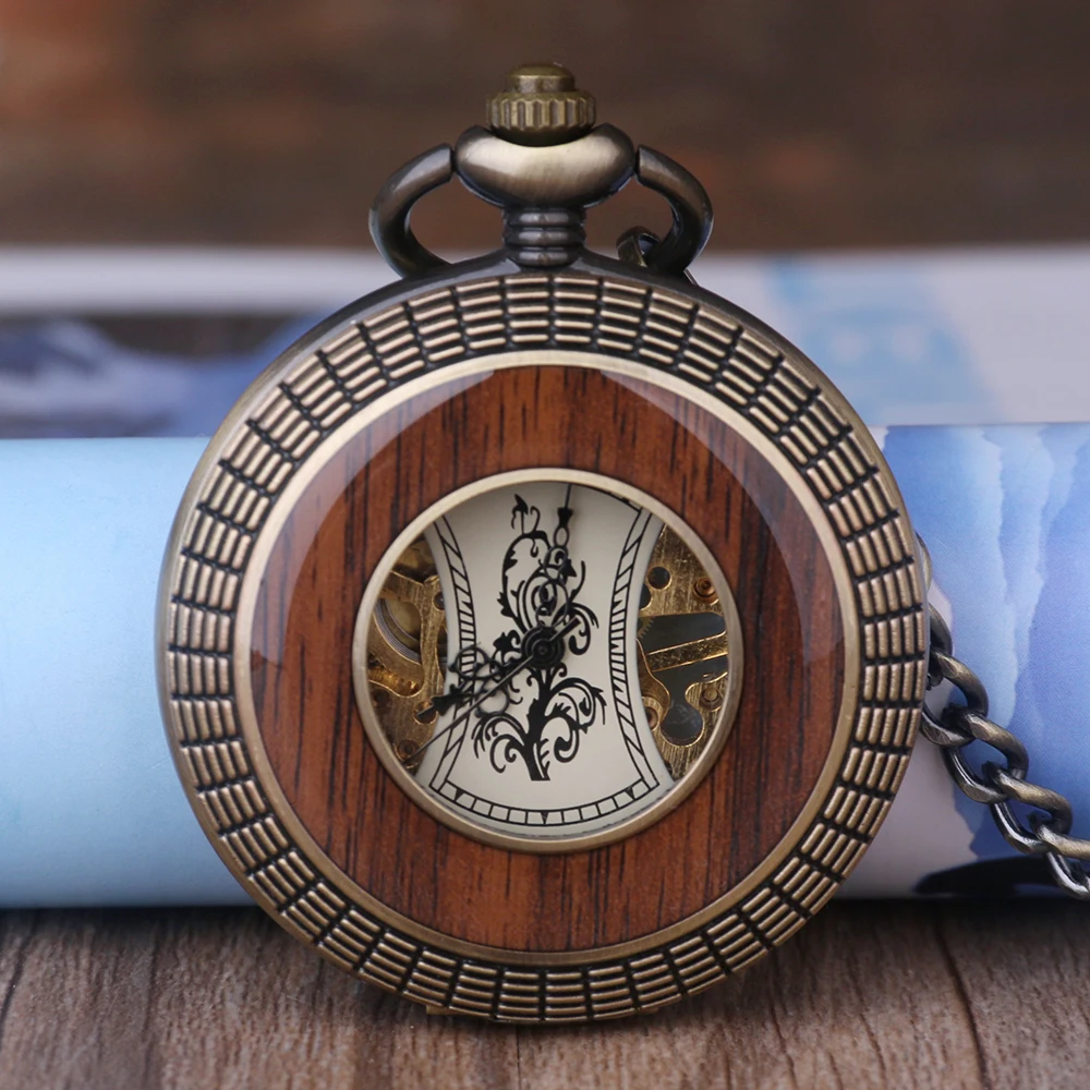 Luxury London Gentleman Design Retro Skeleton Handwind Mechanical Pocket Watch Wooden Case Steampunk Men's Necklace Pendant