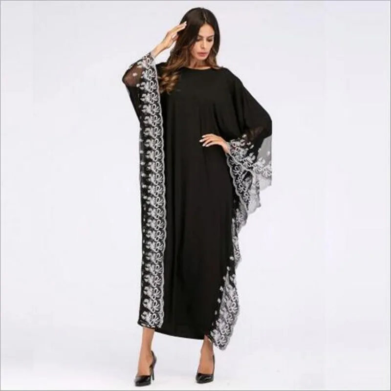 Макси платье с вышивкой кружевная Абая этническое кимоно рукавами летучая мышь