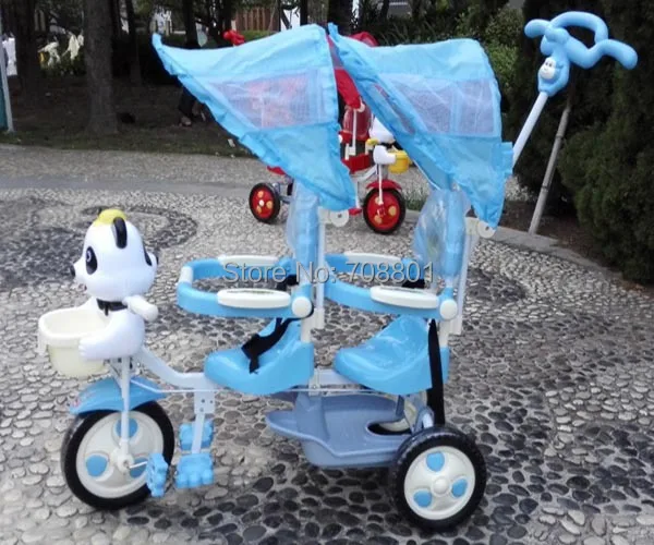 Panda music Tandem Trike Двухместный трехколесный велосипед для лица и лица, трехколесный велосипед с стальной рамой для близнецов для 2 детей, голубой или красный цвет, подарок для малышей