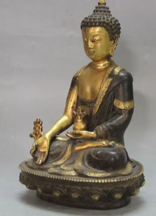 

S01369 6" Chinese Buddhism Purple Bronze 24K Gold Menla Medicine Buddha Medical Statue