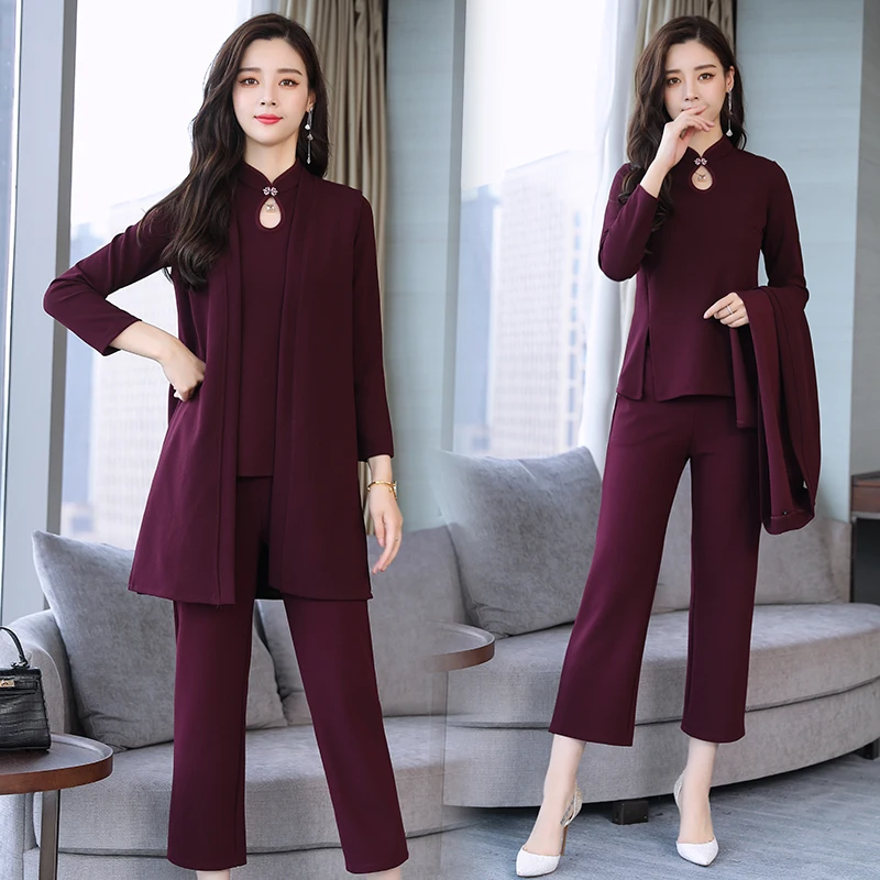 Autumn Winter 2018 Cotton Elegant Three Piece Set Women Long Coat + Sleeve Top Wide Leg Pants Loose Vogue Casual Suits | Женская одежда