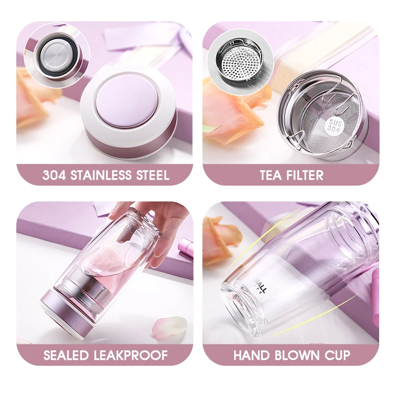 

380ML Double Wall Glass Water Bottle High End Thickness Borosilicate Glass Elegant Leakproof Bottle With Tea Infuser For Car