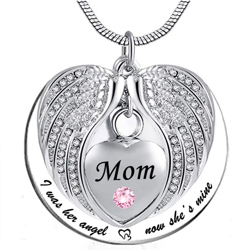 

Angel Wing Memorial Keepsake Ashes Urn Pendant Birthstone crystal Necklace, I Was His/Her Angel Now He's/She's Mine -for mom