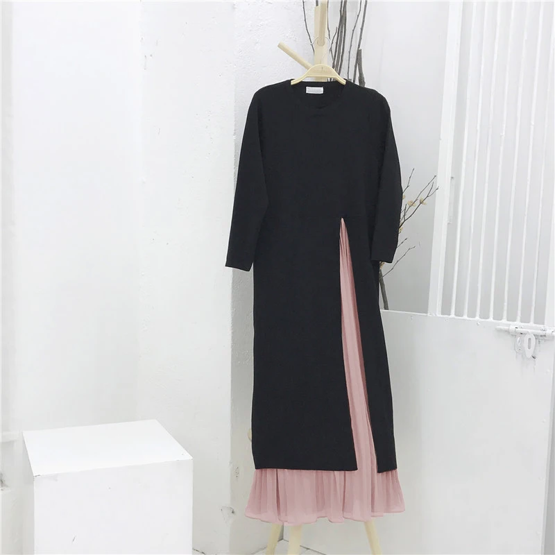 

Women Knitted Dress Spring Autumn 2017 fashion new fake two pieces Patchwork Chiffon loose Long Style knit dresses For Woman