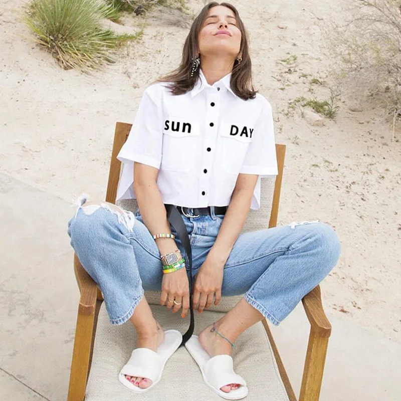 Женские блузки с буквенным принтом Ellacey белые повседневные топы и коротким