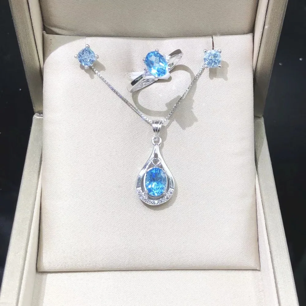 

Real Topaz Stone 925 Silver Jewelry Woman Waterdrop Pendant Necklace Finger Ring Ear Stud Earrings for Engagement Wedding Party