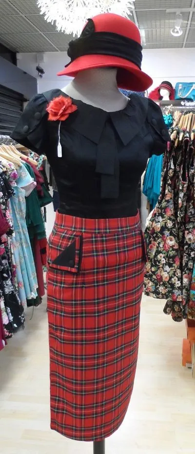 35-vintage 50 s красная шотландская Высокая талия wiggle midi button up карандаш юбка плюс размер pinup юбки falda talla grande jupe crayon