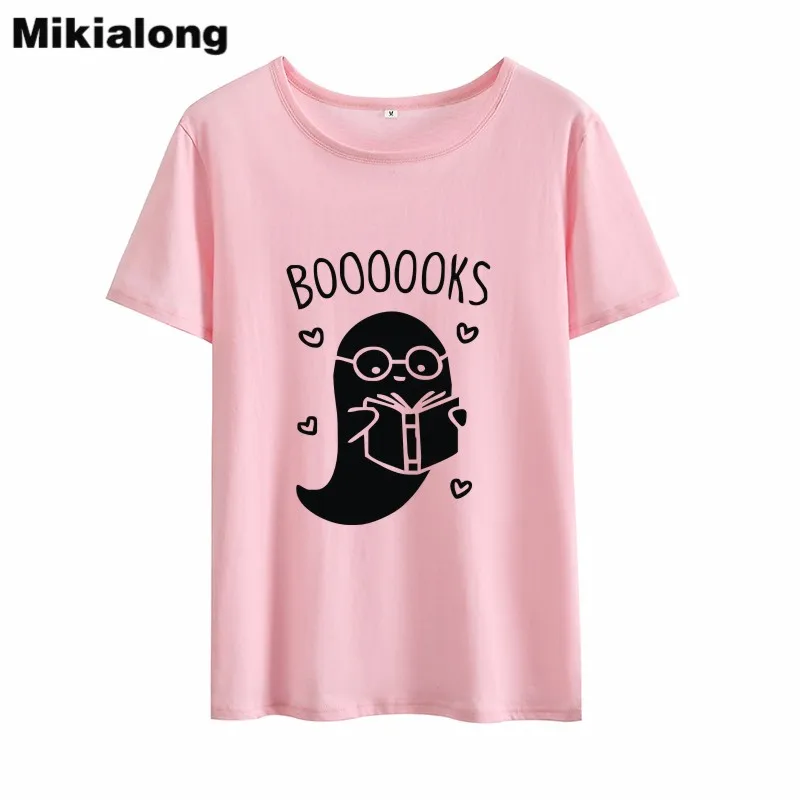 Mikialong 2018 графическая кавайная женская футболка BOOOOOKS Дамский топ с надписью