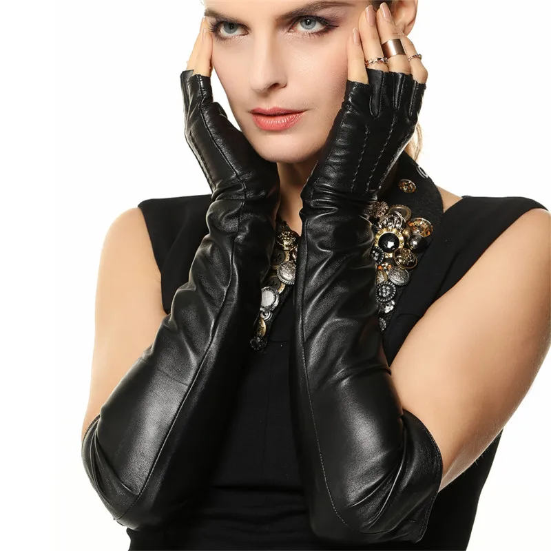 

Lady Sheepskin Gloves Winter Fashion Keep Warm Long Style Thin Velvet Lined Semi-Fingers Genuine Leather Gloves Female L140NN