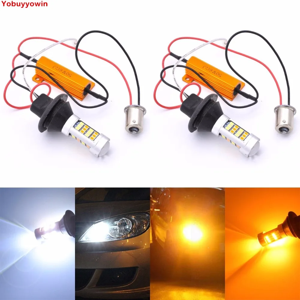 

1156 BA15S 1141 7056 P21W White/Amber Switchback LED Turn Signal Light Canbus Error Free 2835 42SMD 800LMS with Load Resistors