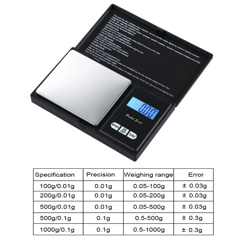 1 шт. Высокая точность ЖК-дисплей цифровые весы 100/200/300/500/1000g 0,01/0,1g ЖК-дисплей Дисплей Карманные электронные весы грамм Вес весы для Кухня наркотиков