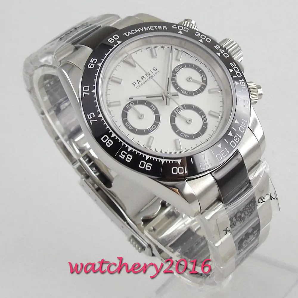 Мужские кварцевые часы parnis белые черные с цельным циферблатом хронографом датой