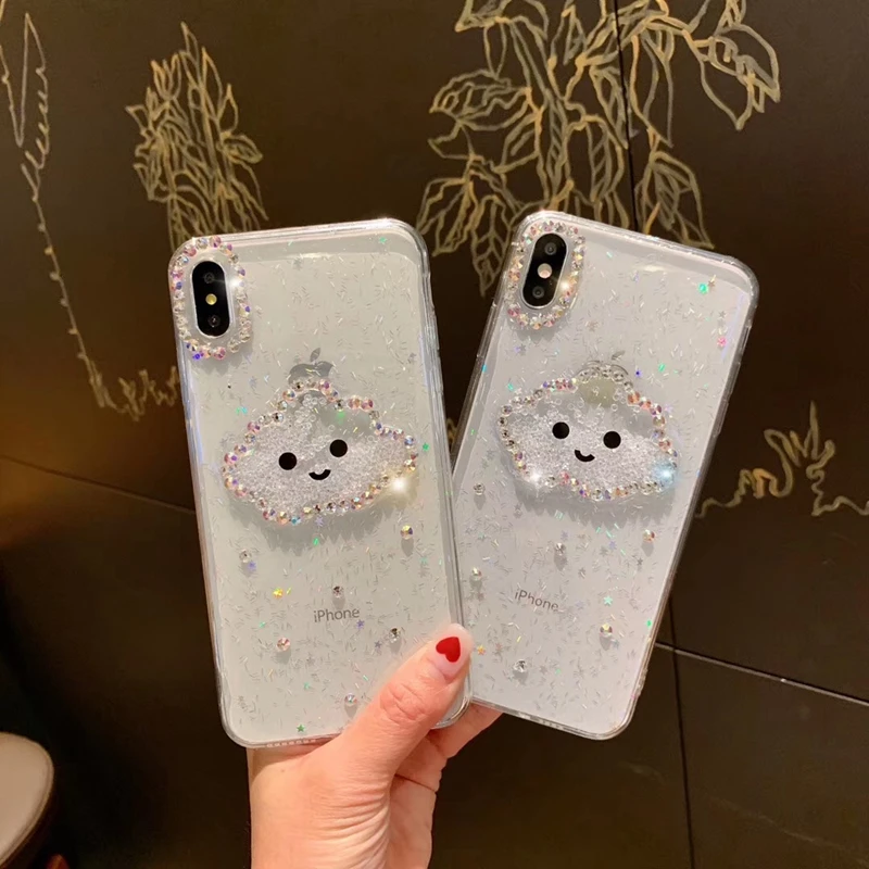 Glitter Powder Smile Face Clouds Phone Case For iPhone XS Max XR 6 6s 7 8 Plus X Diamond Soft TPU Dynamic Beads Cover |