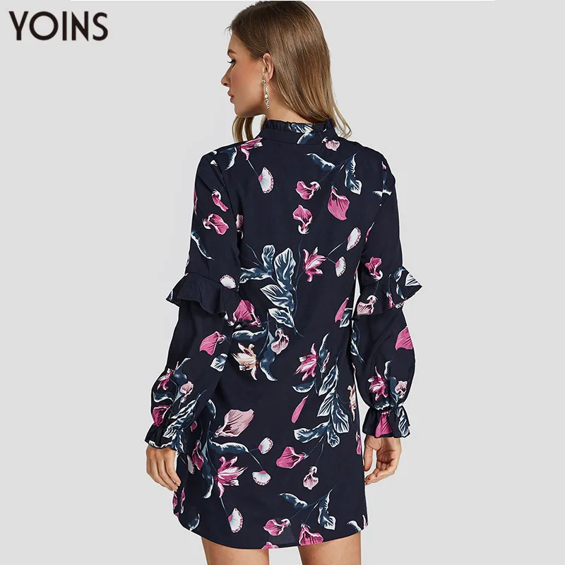 NEW 2020 YOINS Summer Autumn Women Dress Sexy Long Sleeve Lace-up Floral Print Mini Dresses Vintage Vestidos Streetwear | Женская одежда