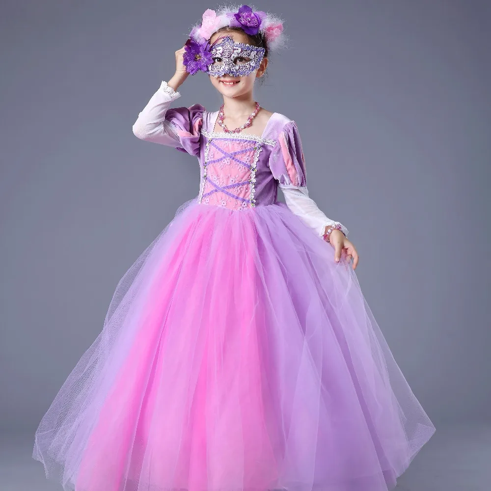Chrismas Princess Rapunzel dress Girls Costume Tutu Long Dress for Halloween Cosplay Party Full sleeves purple Clothes | Детская одежда