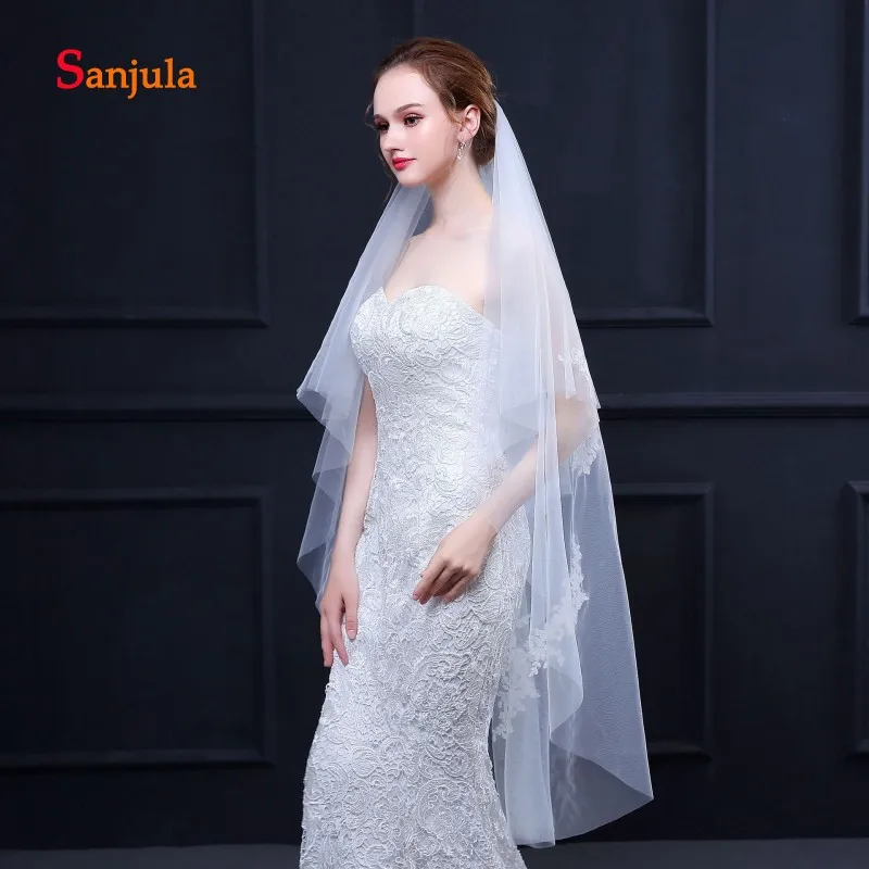 Two-Layer Ivory Wedding Veils with Comb Cut Edge Appliques Graceful Cute Short Veil for Bridal accesorios para bodas V85 | Свадьбы и