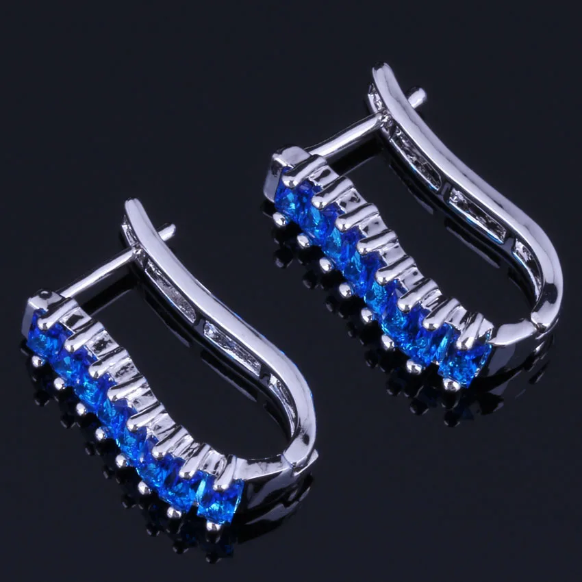 Wonderful Blue Cubic Zirconia Silver Plated Clip Hoop Huggie Earrings V0944 | Украшения и аксессуары