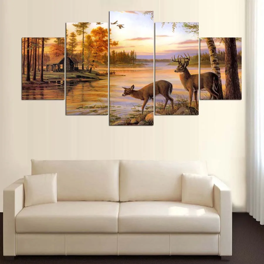 5 Pieces Canvas Paintings deer beside the lake autumn landscape pictures home decor framed wall art WD-1140 | Дом и сад