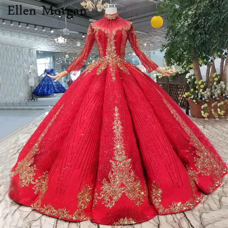 

Красное свадебное платье с высоким воротом и длинным рукавом, 2019, платье из блестящей ткани, кружевное свадебное платье до пола, реальные фо...