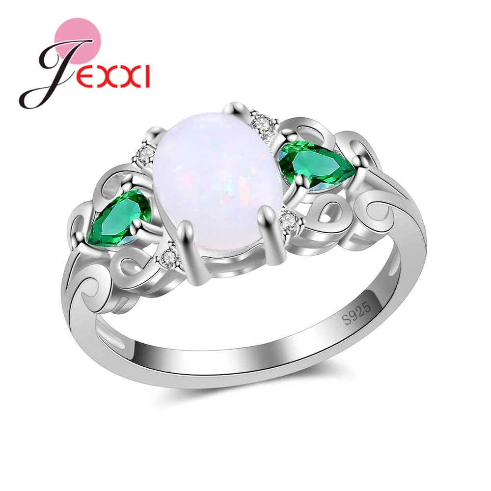 

Shiny Green Clear Crystals Paved With Oval Opal Stones Real 925 Sterling Silver Jewelry For Women Wedding Finger Rings