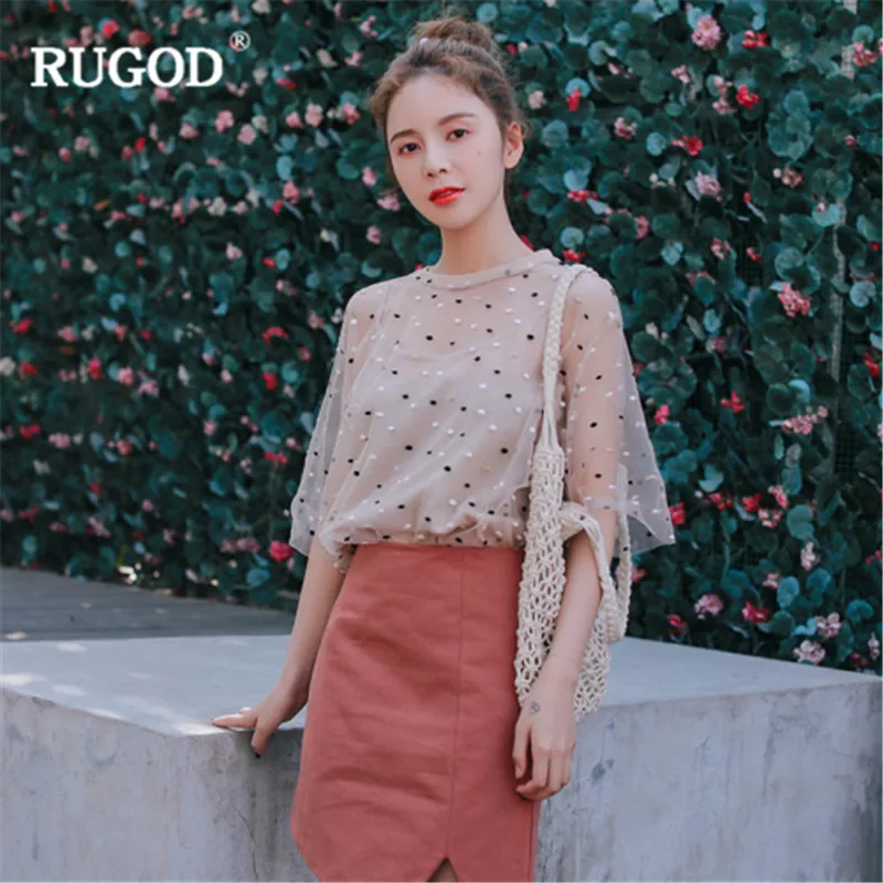 Женская футболка RUGOD летняя прозрачная Сетчатая с коротким рукавом и блестками 2