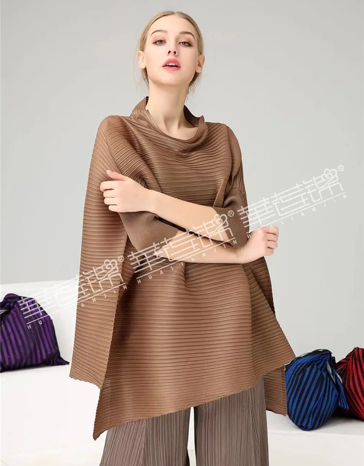 Changpleat Весенняя свободная Асимметричная Женская футболка Топы Miyak плиссированные модные футболки со стоячим воротником и рукавами летучая мышь большого размера