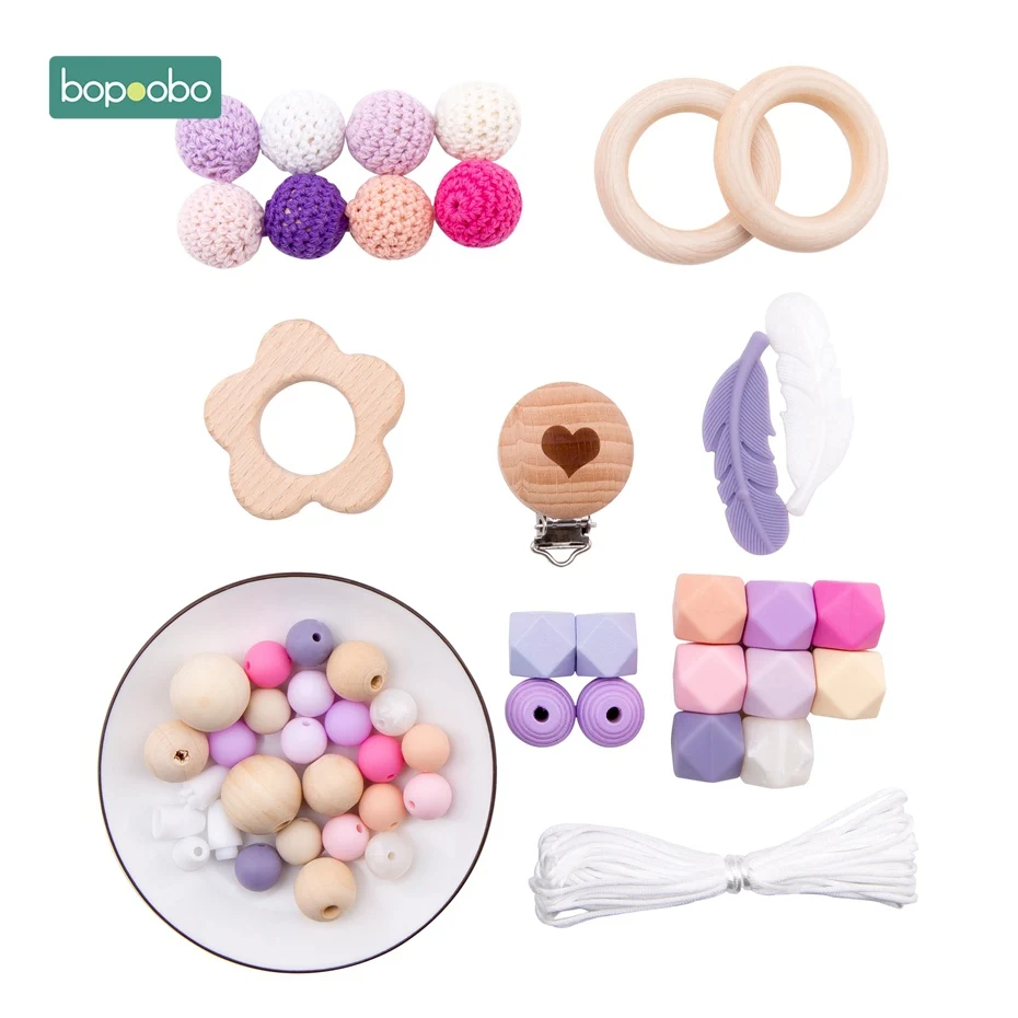 Pink Flower Set Bopoobo 1Set Baby Teether DIY Silicone Beads Pacifier Clip Chain Baby Mobile Wool ball BPA Free Wooden Crochet Beads Teether - Цвет: Pink Flower Set