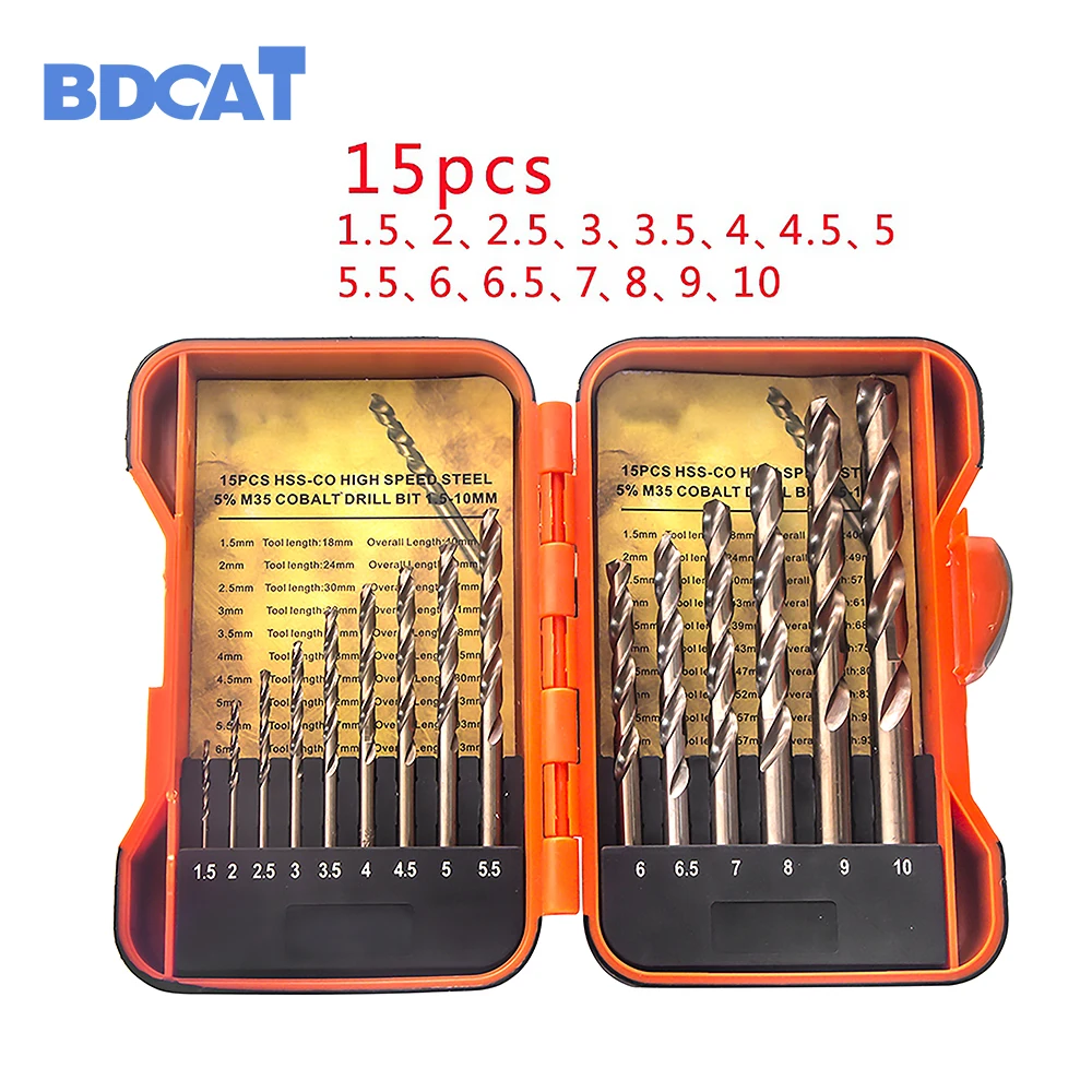 BDCAT 15Pcs/Set 1.5-10mm Park Shank HSS-Co 5% M35 Cobalt Twist Drill Spiral Drill Bit for metalworking and woodworking