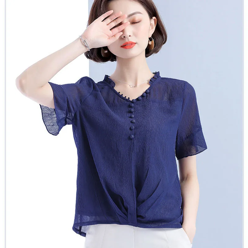 Блузка женская шифоновая с коротким рукавом и V-образным вырезом DD2397 | Женская